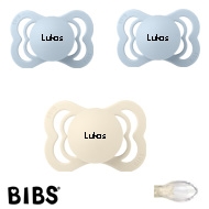 BIBS Supreme Sutter med navn, 1 Ivory, 2 Baby Blue, Symmetrisk Silikone str.1 Pakke med 3 sutter
